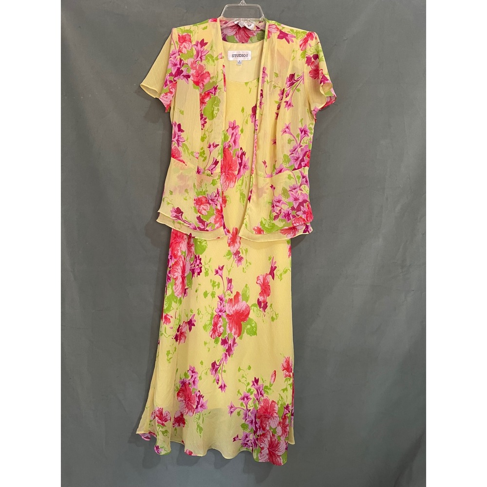 Studio I Vintage Floral Maxi Dress and Jacket Set Yellow Pink Green Size 6